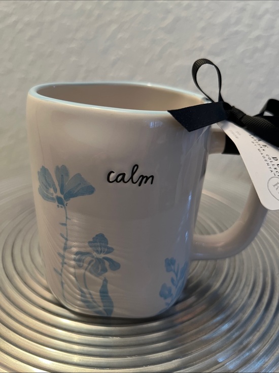 Rae Dunn Other - Rae Dunn Cream Ceramic Mug with Blue Floral and 'calm' Script